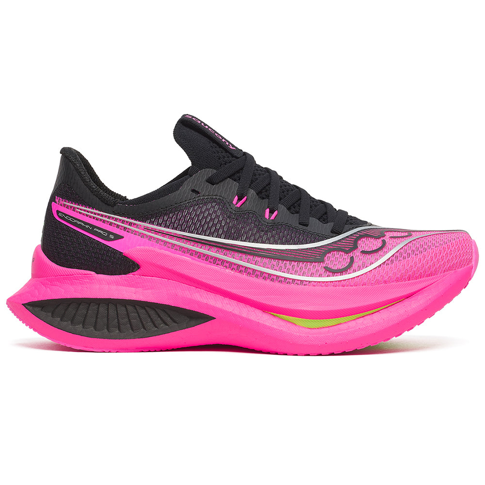Side view on white background of Womens Saucony Endorphin Pro running shoe in Black/Shock, Medium (Regular) width