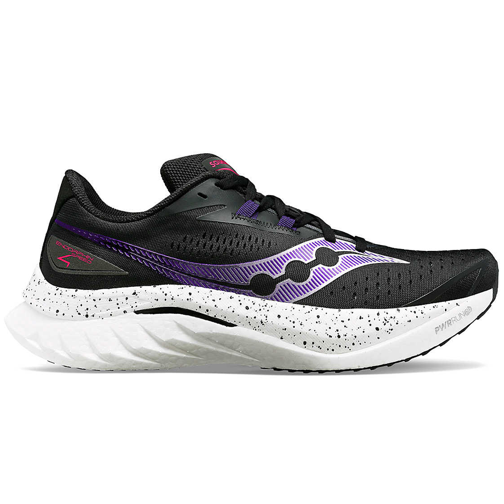Side view on white background of Womens Saucony Endorphin Speed running shoe in Black, Medium (Regular) width