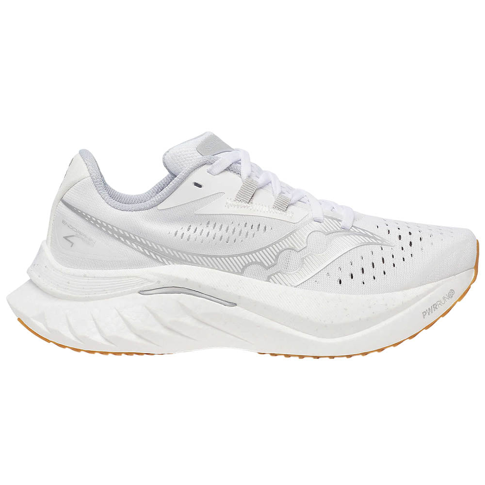 Side view on white background of Womens Saucony Endorphin Speed running shoe in White/Gum, Medium (Regular) width