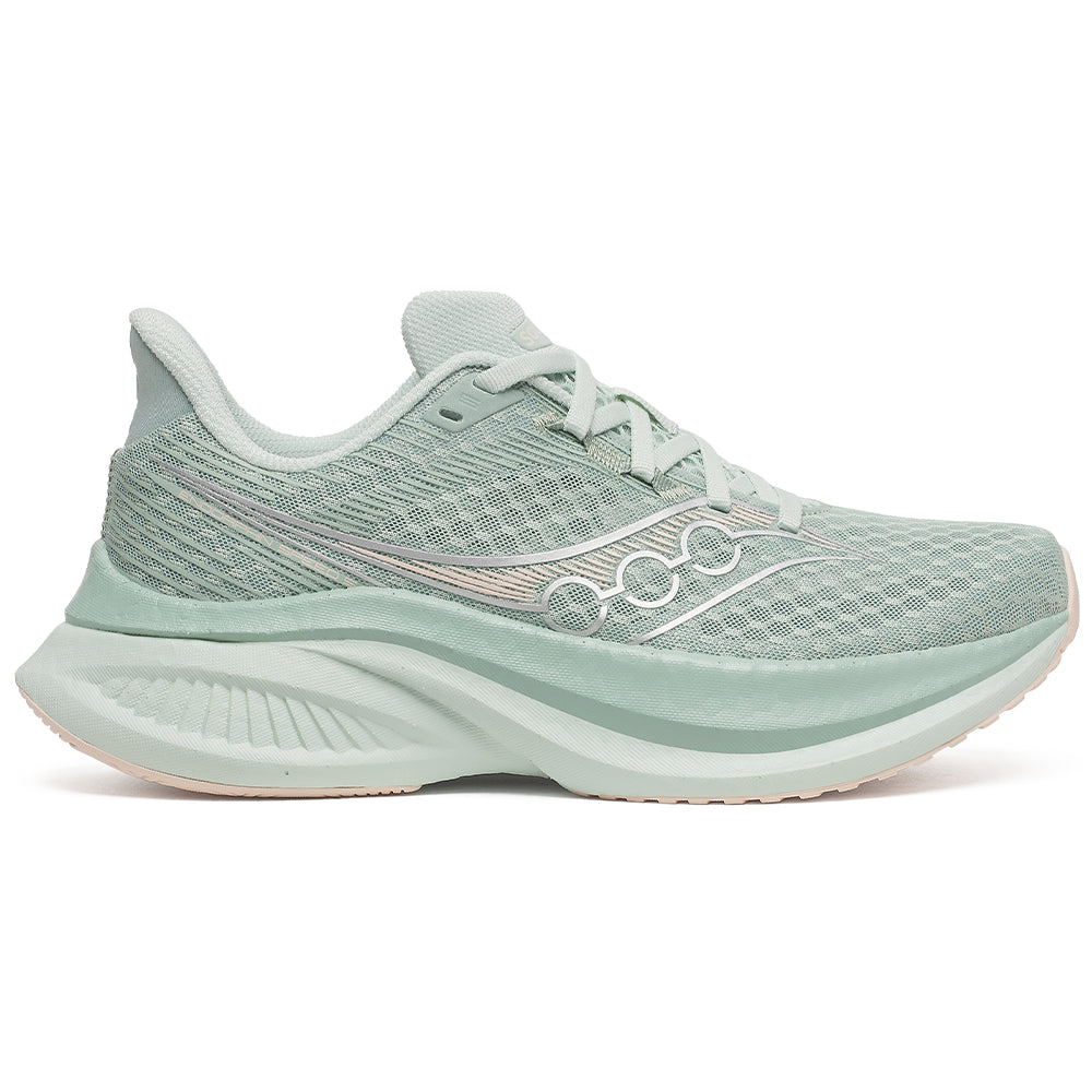 Side view on white background of Womens Saucony Endorphin running shoe in Aloe, Medium (Regular) width