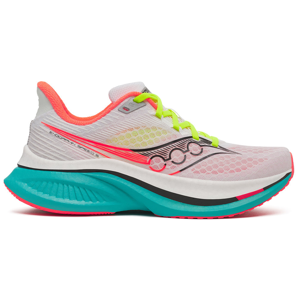 Side view on white background of Womens Saucony Endorphin running shoe in White/Mutant, Medium (Regular) width