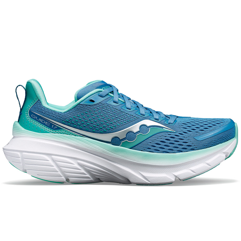 Side view on white background of Womens Saucony Guide running shoe in Breeze/Mint, Medium (Regular) width