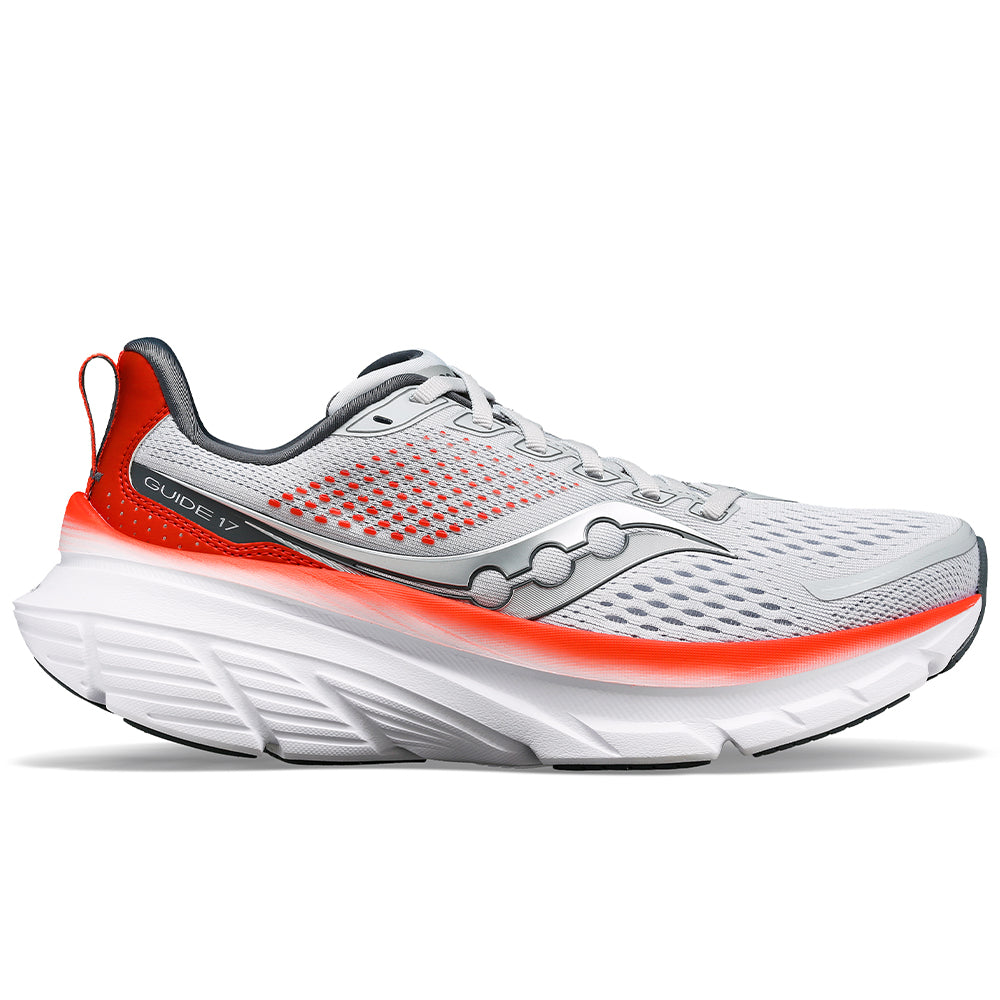 Side view on white background of Womens Saucony Guide running shoe in Cloud/Cayenne, Medium (Regular) width