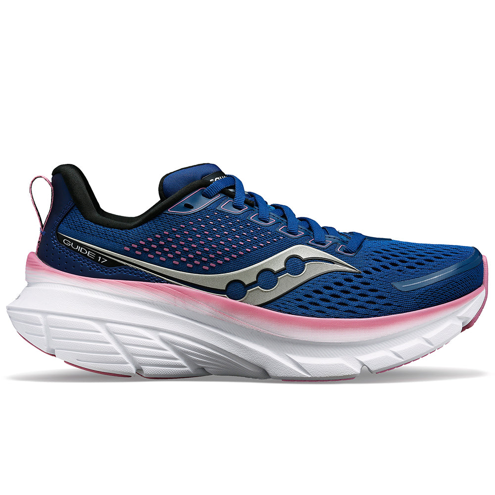 Side view on white background of Womens Saucony Guide running shoe in Navy/Orchid, Medium (Regular) width