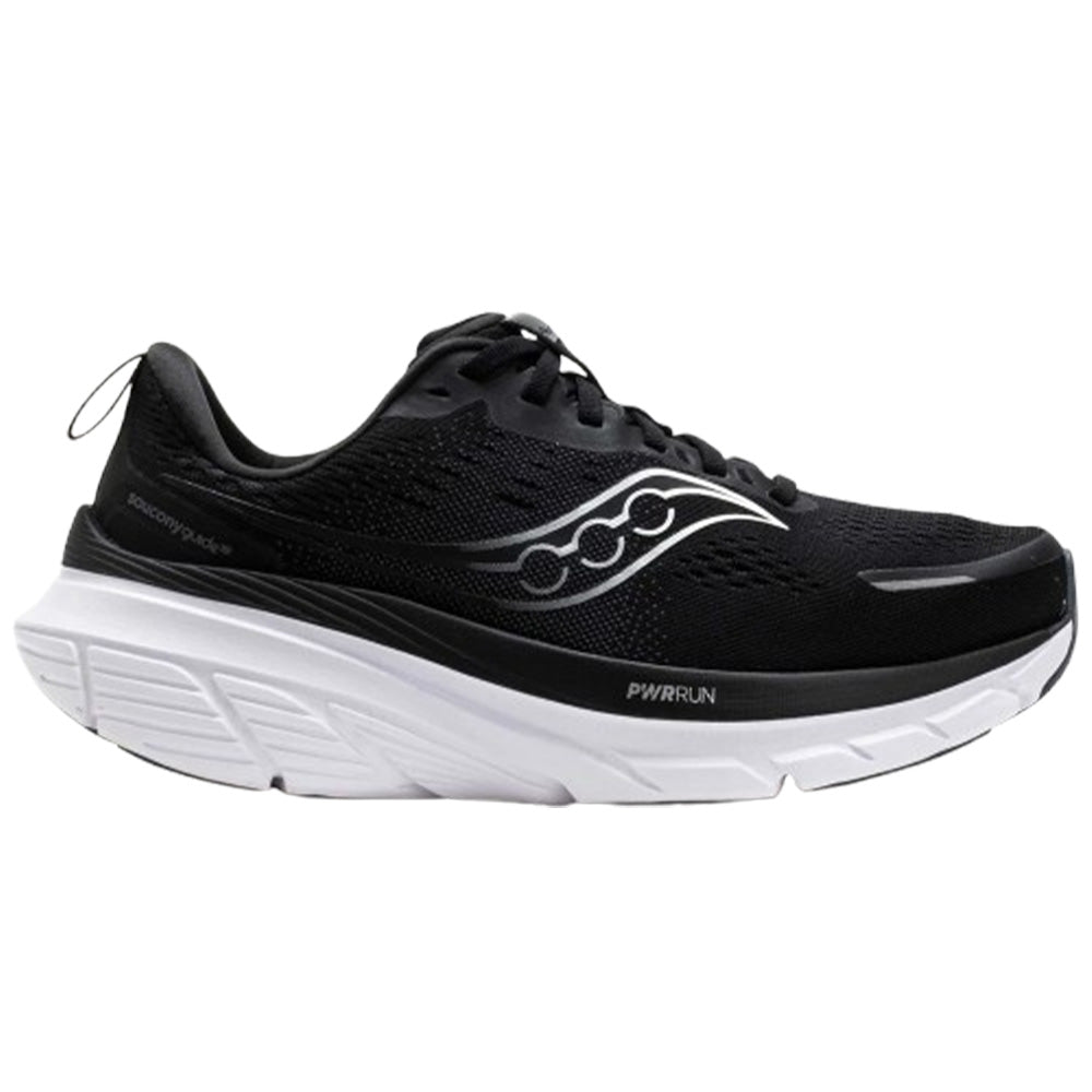 Side view on white background of Womens Saucony Guide running shoe in Black/White, Medium (Regular) width