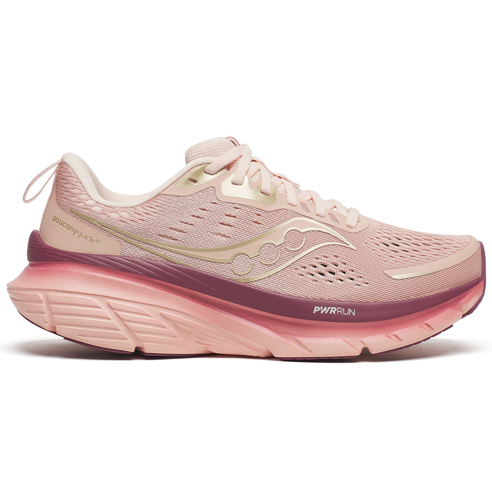 Side view on white background of Womens Saucony Guide 18 running shoe in Cameo/Terra, Medium (Regular) width
