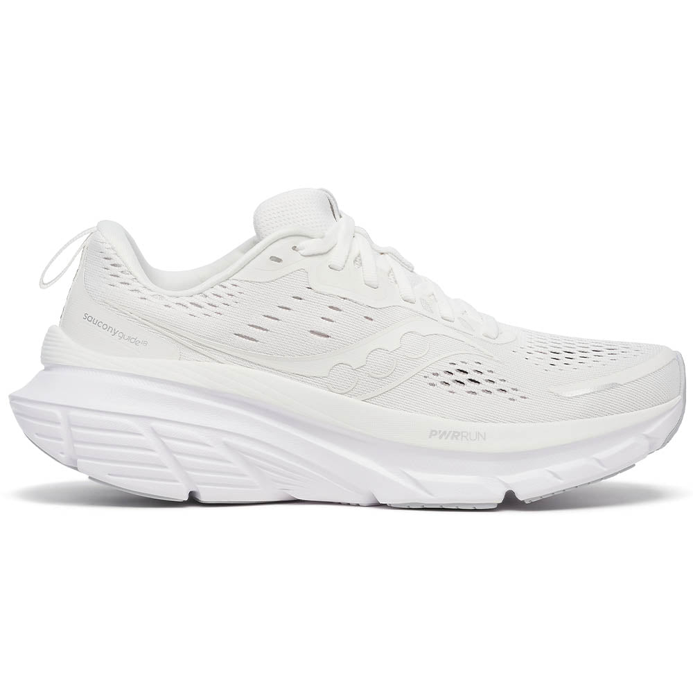 Side view on white background of Womens Saucony Guide 18 running shoe in Ivory, Medium (Regular) width