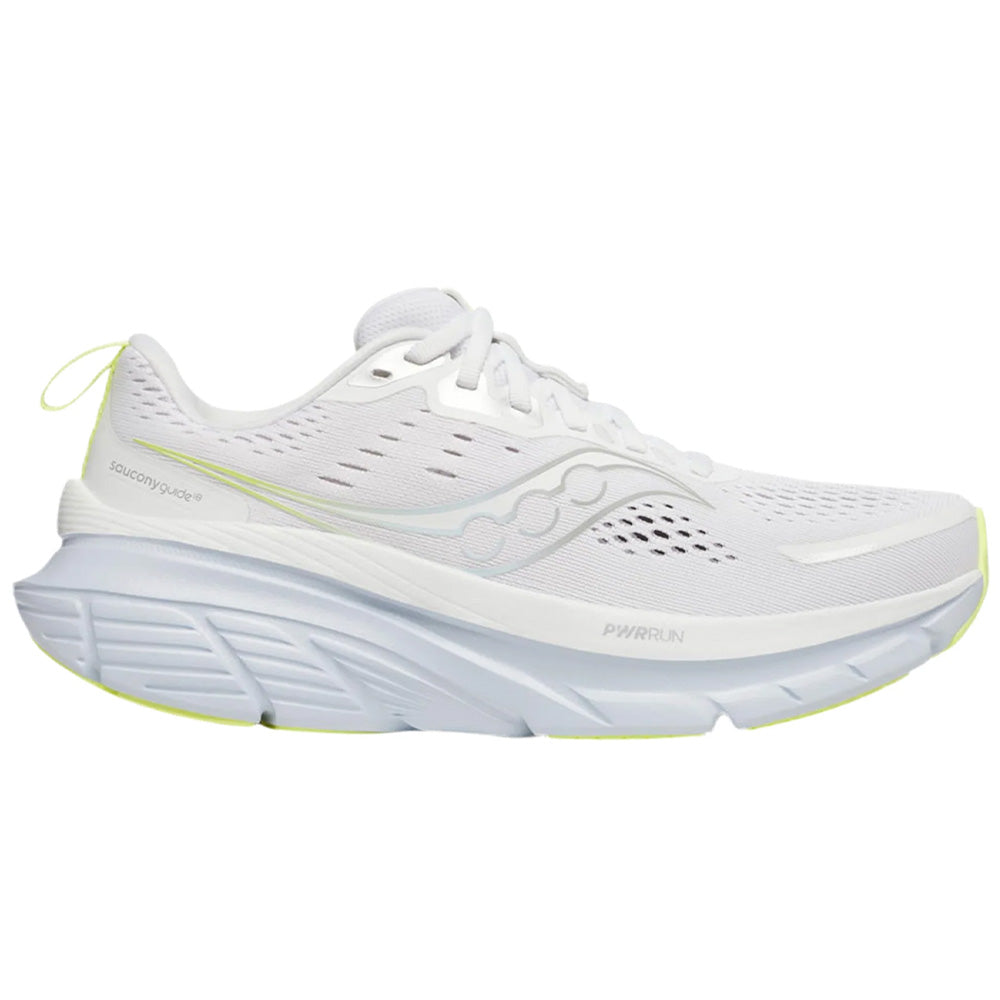 Side view on white background of Womens Saucony Guide 18 running shoe in White/Ice Melt, Wide width