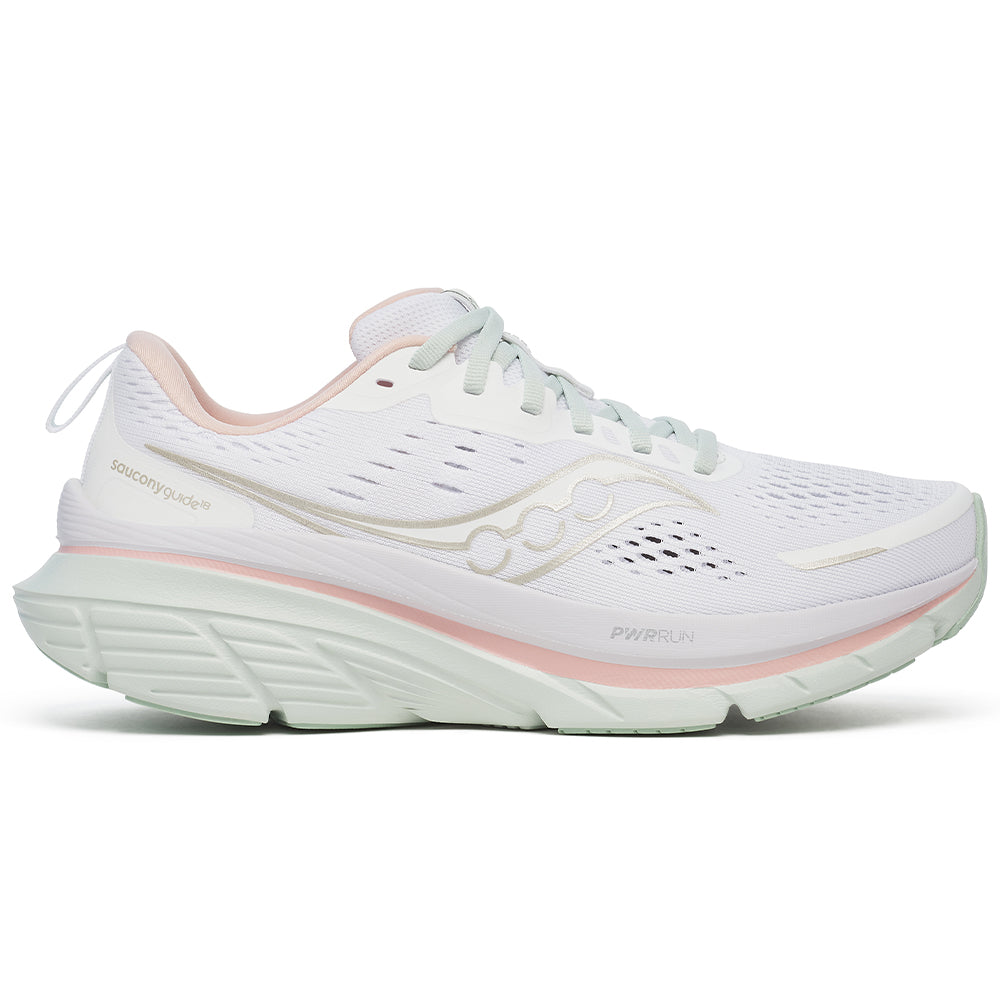 Side view on white background of Womens Saucony Guide running shoe in White/Mist, Medium (Regular) width