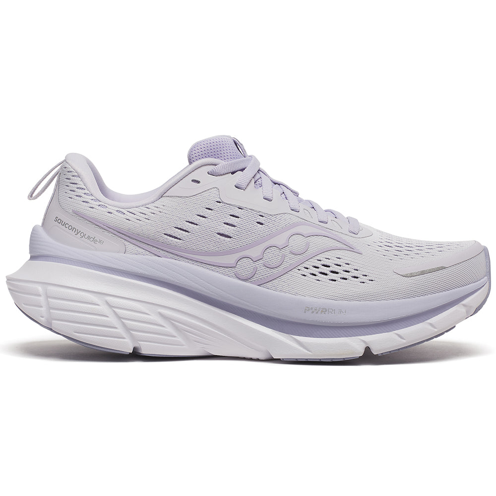 Side view on white background of Womens Saucony Guide running shoe in Wistful/Aster, Medium (Regular) width