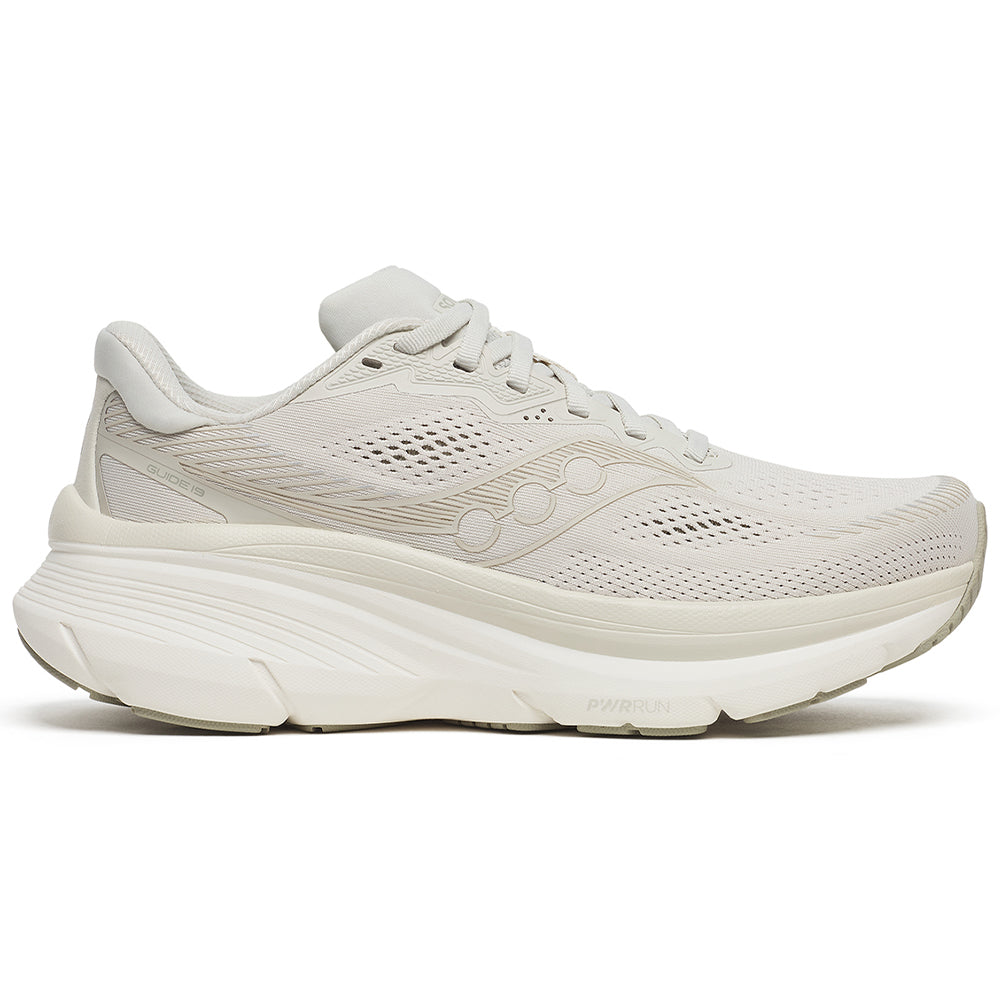 Side view on white background of Womens Saucony Guide running shoe in Birch, Medium (Regular) width