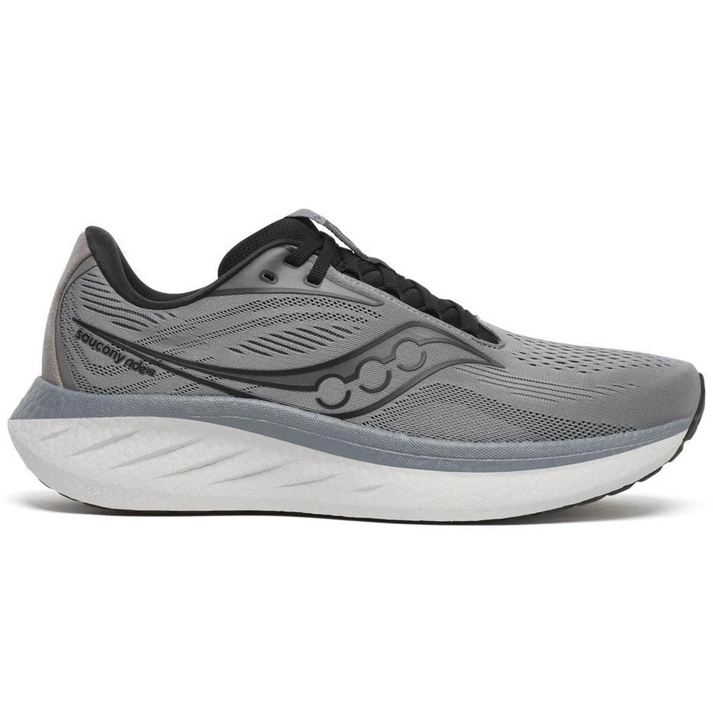 Side view on white background of Mens Saucony Ride running shoe in Cinder/Black, Medium (Regular) width