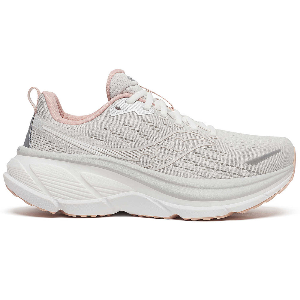 Side view on white background of Womens Saucony Hurricane running shoe in Arctic/White, Medium (Regular) width