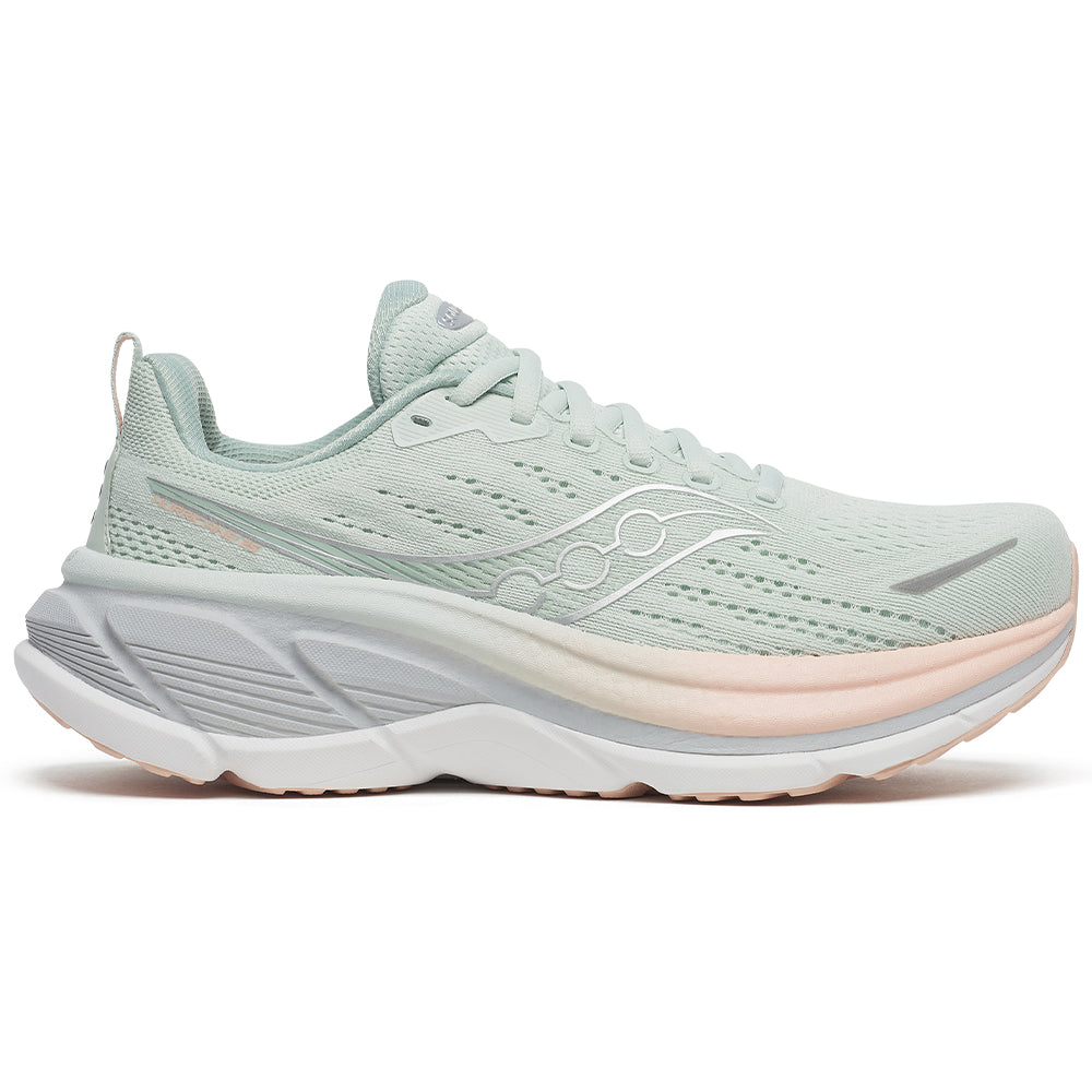 Side view on white background of Womens Saucony Hurricane running shoe in Mist/Cameo, Medium (Regular) width