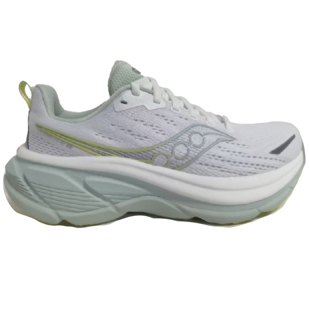 Side view on white background of Womens Saucony Hurricane running shoe in White/Mist, Medium (Regular) width