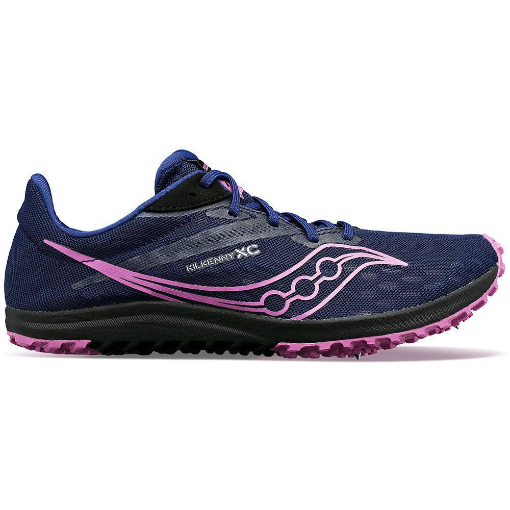 Side view on white background of Womens Saucony Kilkenny XC running shoe in Indigo, Medium (Regular) width