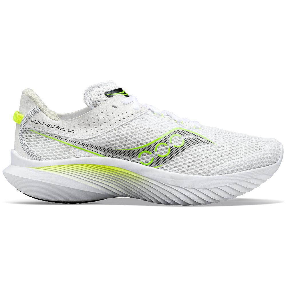 Side view on white background of Womens Saucony Kinvara running shoe in White/Slime, Medium (Regular) width