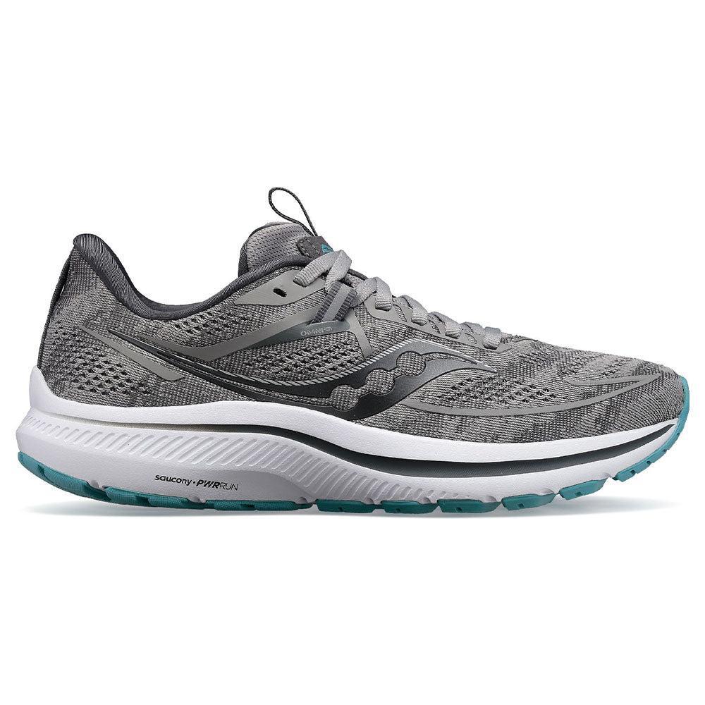 Side view on white background of Womens Saucony Omni running shoe in Alloy/Rainfall, Medium (Regular) width
