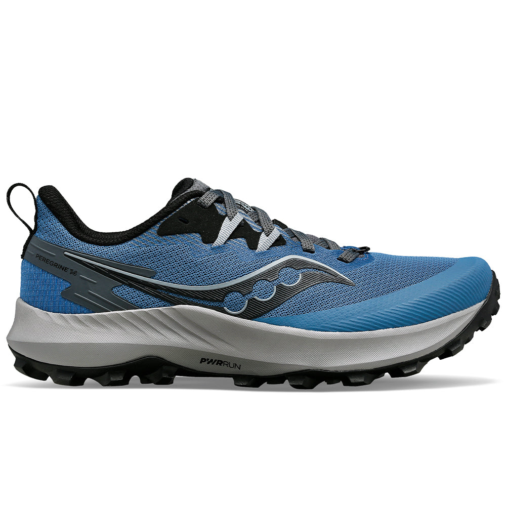 Side view on white background of Womens Saucony Peregrine running shoe in Astro/Carbon, Medium (Regular) width