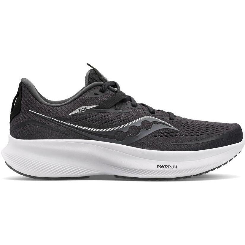 Side view on white background of Womens Saucony Ride running shoe in Black White, Medium (Regular) width