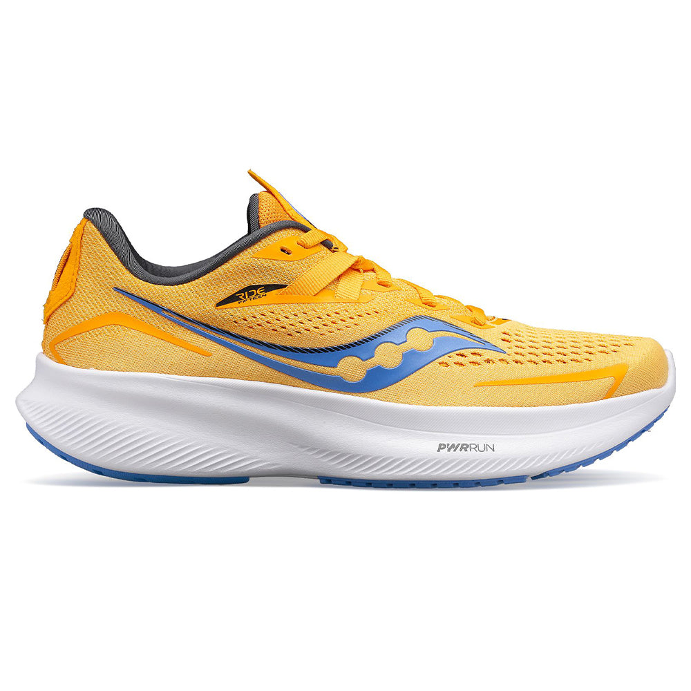Side view on white background of Womens Saucony Ride running shoe in Gold/Horizon, Medium (Regular) width