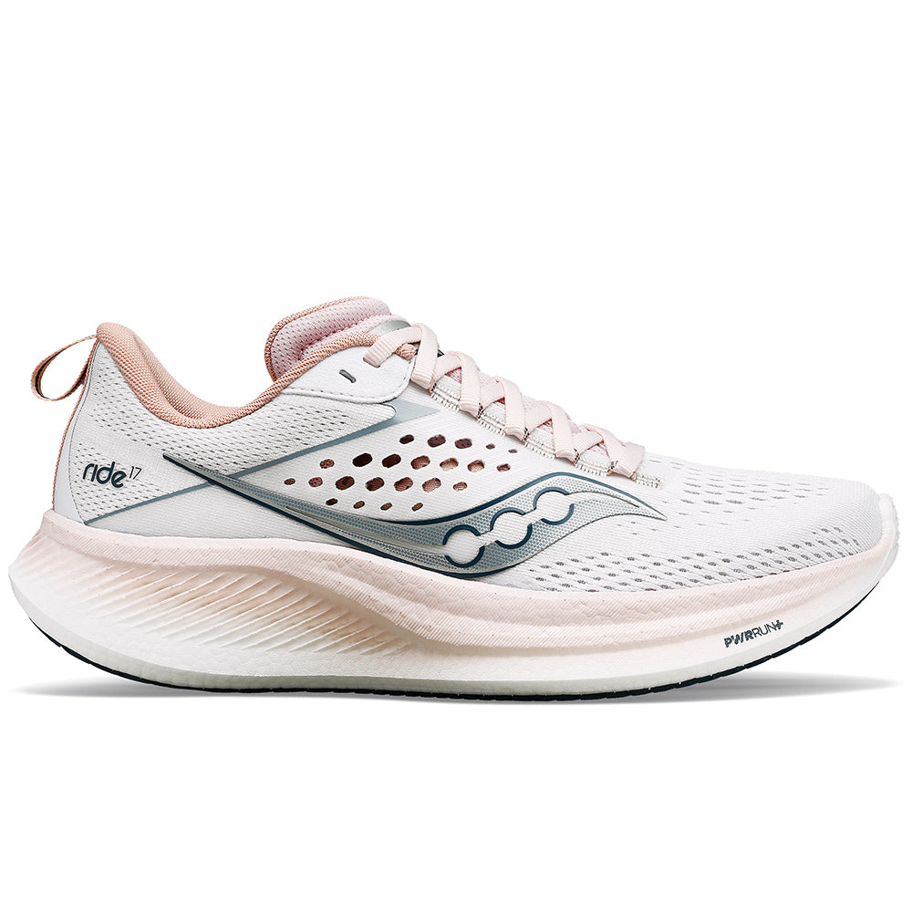 Side view on white background of Womens Saucony Ride 17 running shoe in White/Lotus, Medium (Regular) width