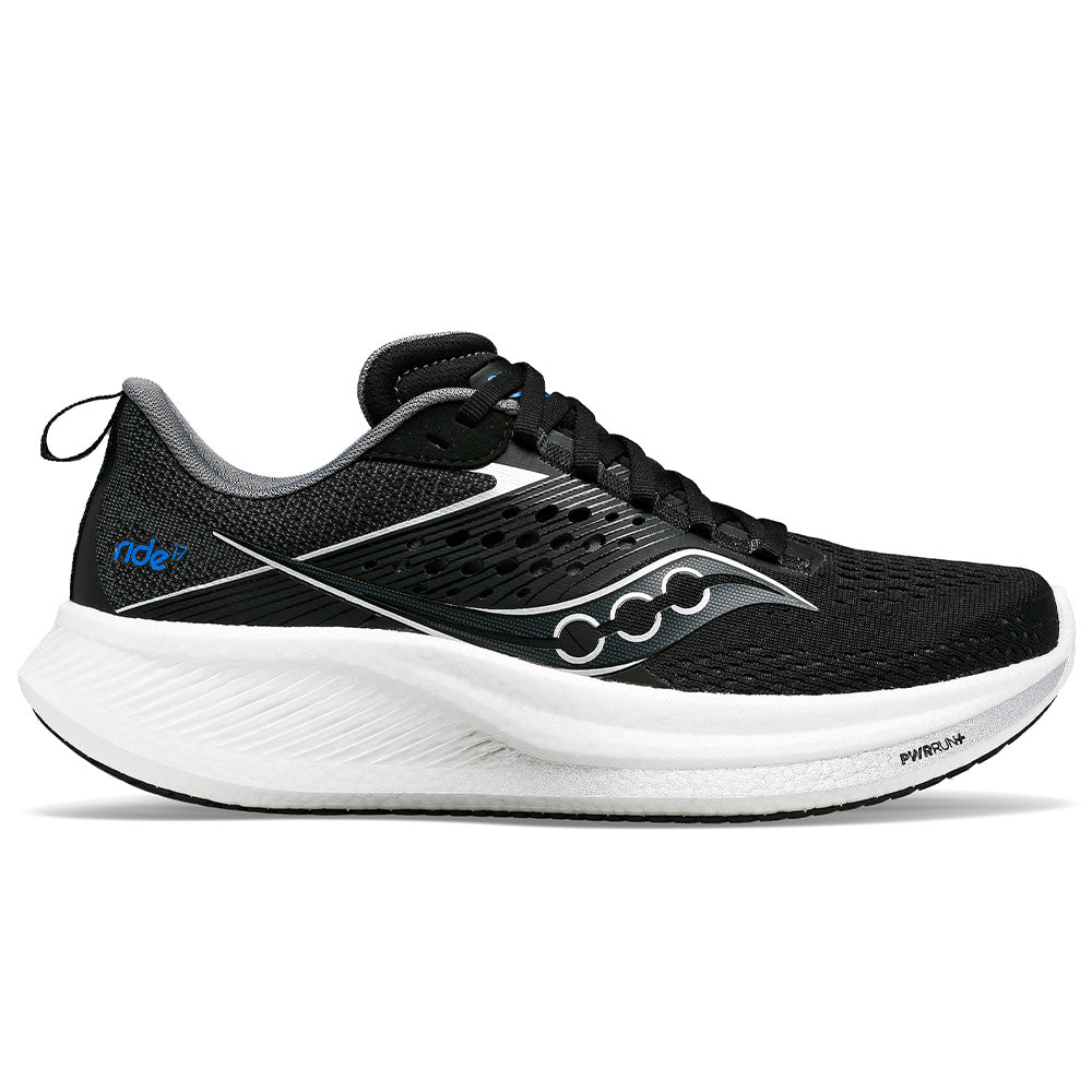 Side view on white background of Womens Saucony Ride running shoe in Black/White, Wide width