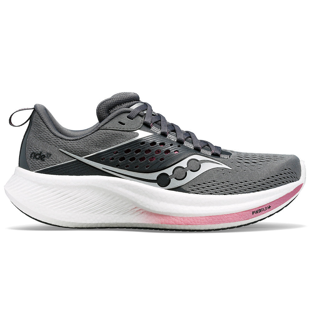 Side view on white background of Womens Saucony Ride running shoe in Cinder/Orchid, Medium (Regular) width