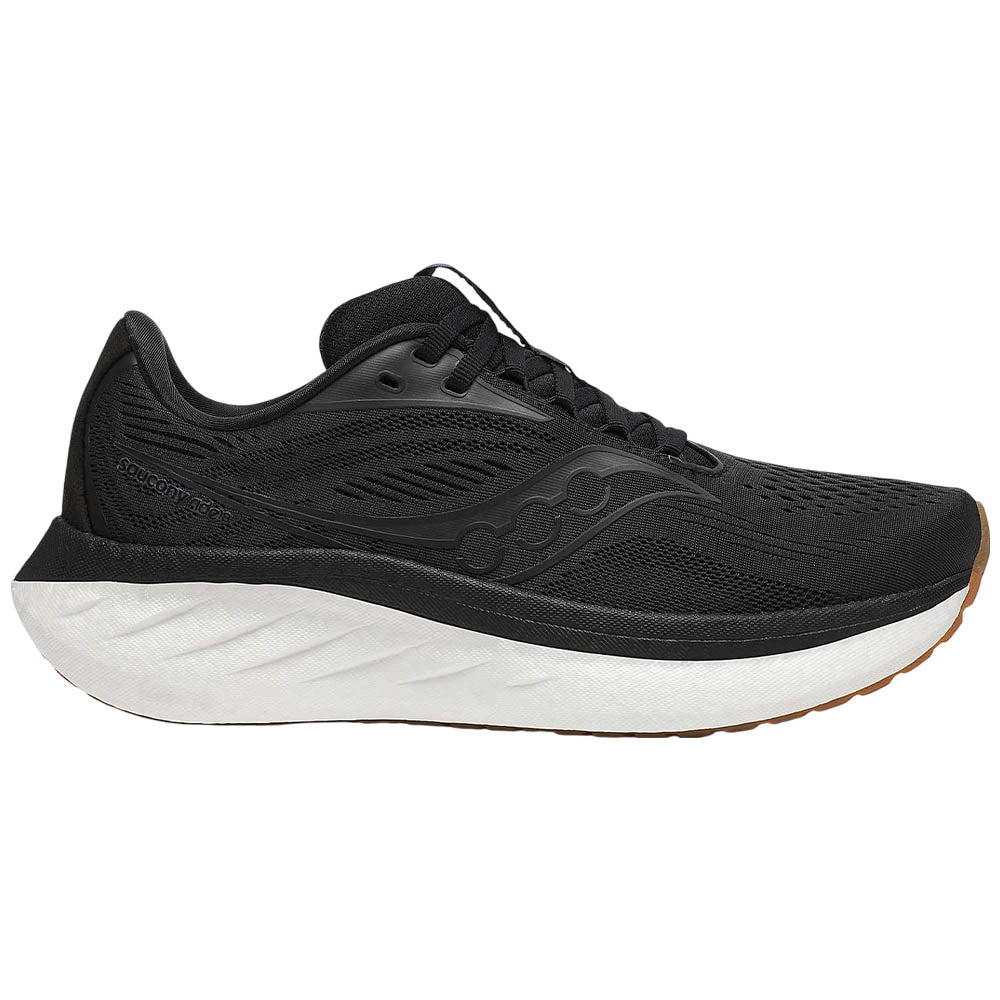 Side view on white background of Womens Saucony Ride running shoe in Black/Gum, Medium (Regular) width