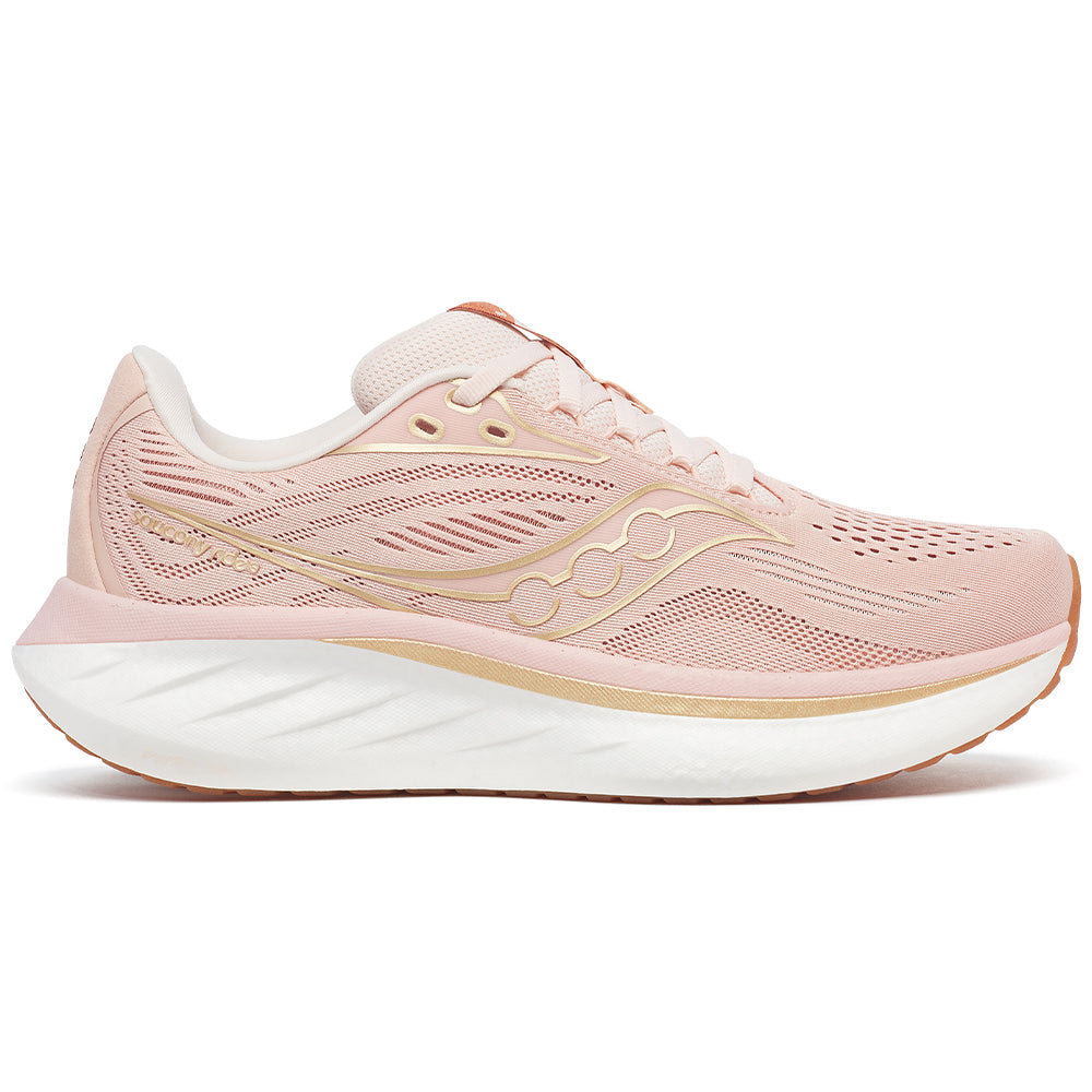 Side view on white background of Womens Saucony Ride running shoe in Cameo/Peony, Medium (Regular) width