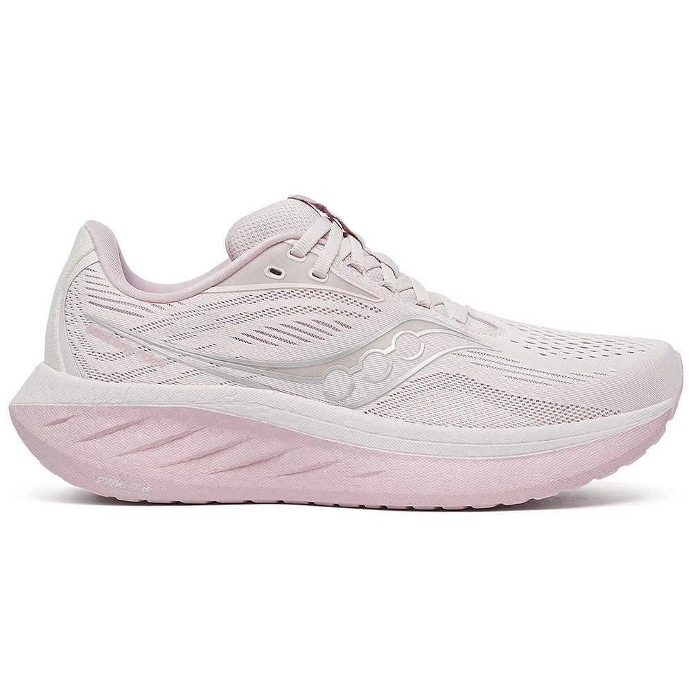 Side view on white background of Womens Saucony Ride 18 running shoe in Moon/Woodrose, Wide width
