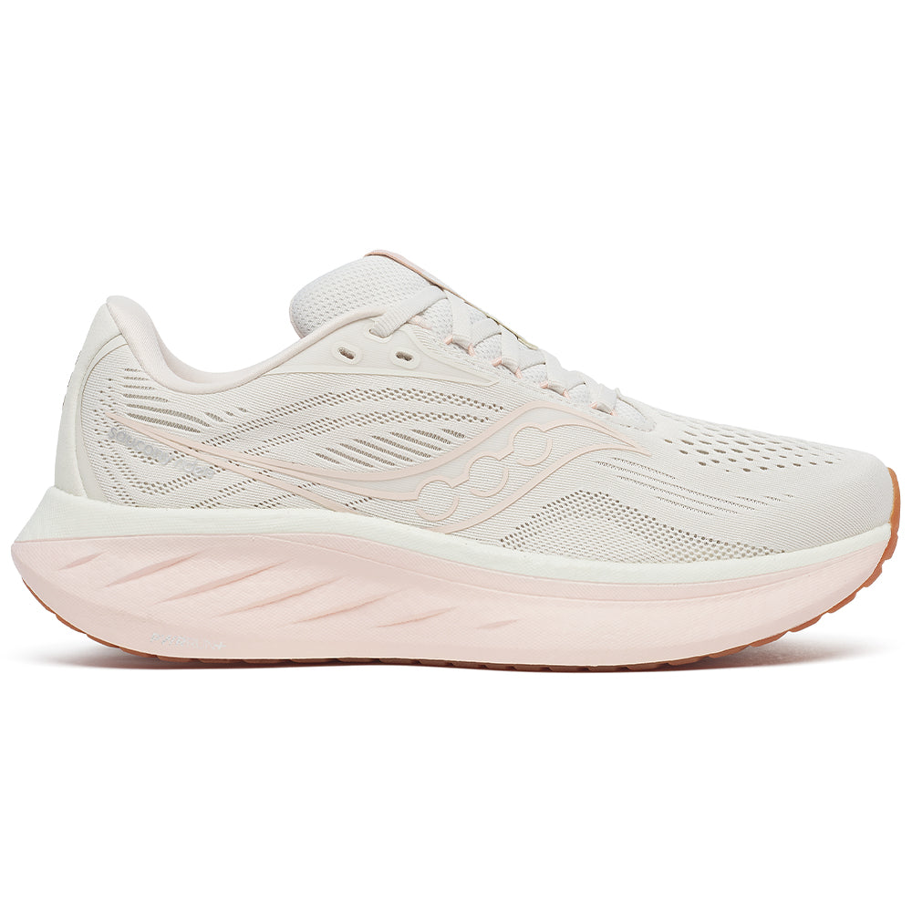 Side view on white background of Womens Saucony Ride running shoe in Quartz/Peony, Medium (Regular) width