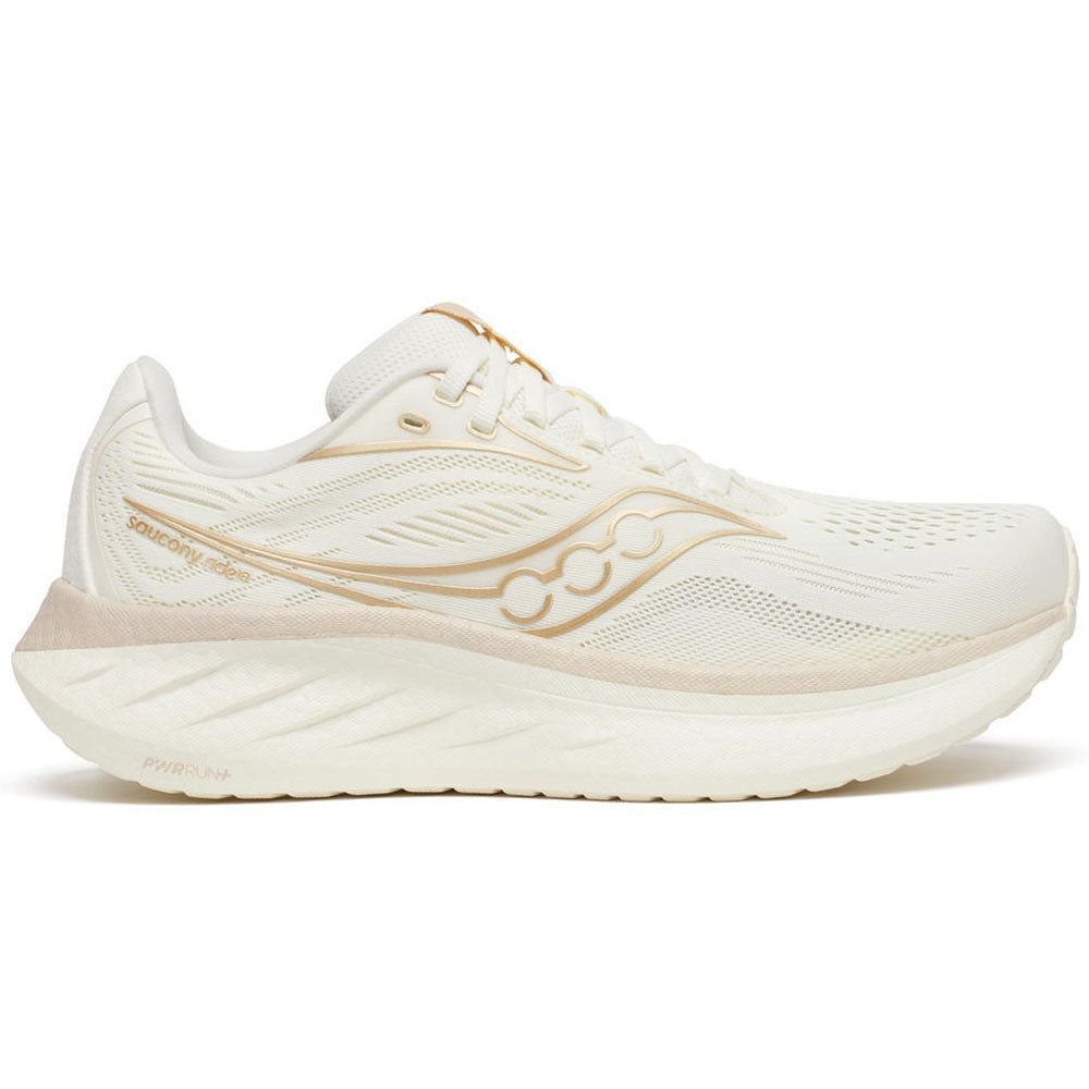 Side view on white background of Womens Saucony Ride running shoe in Vanilla, Wide width