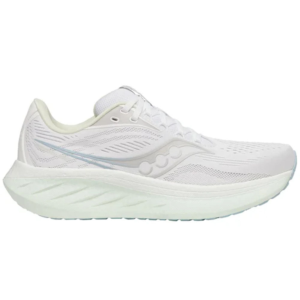 Side view on white background of Womens Saucony Ride running shoe in White/Lettuce, Medium (Regular) width