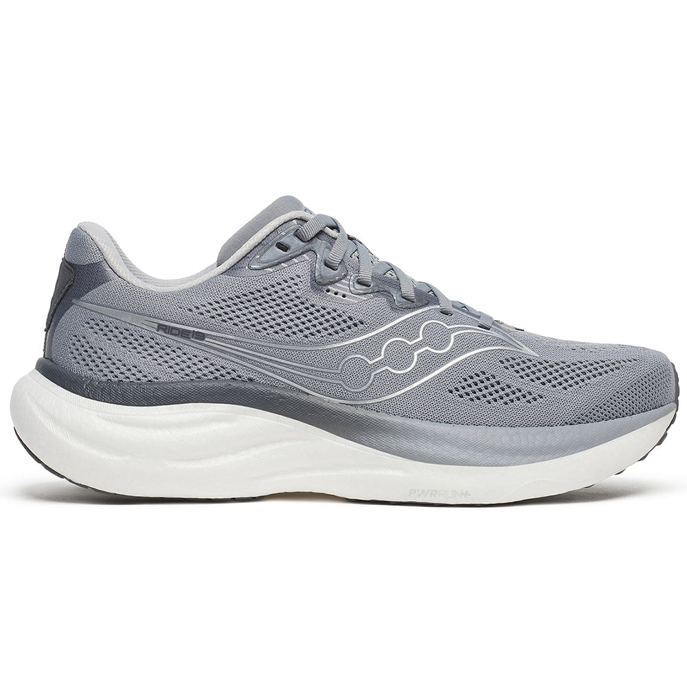 Side view on white background of Mens Saucony Ride running shoe in Flint/Shadow, Medium (Regular) width