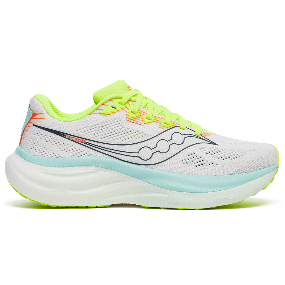 Side view on white background of Womens Saucony Ride running shoe in White/Splash, Medium (Regular) width