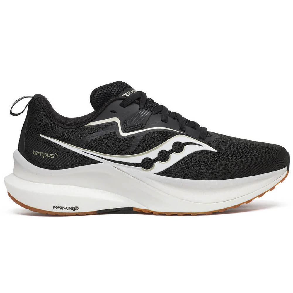 Side view on white background of Womens Saucony Tempus running shoe in Black/White, Medium (Regular) width