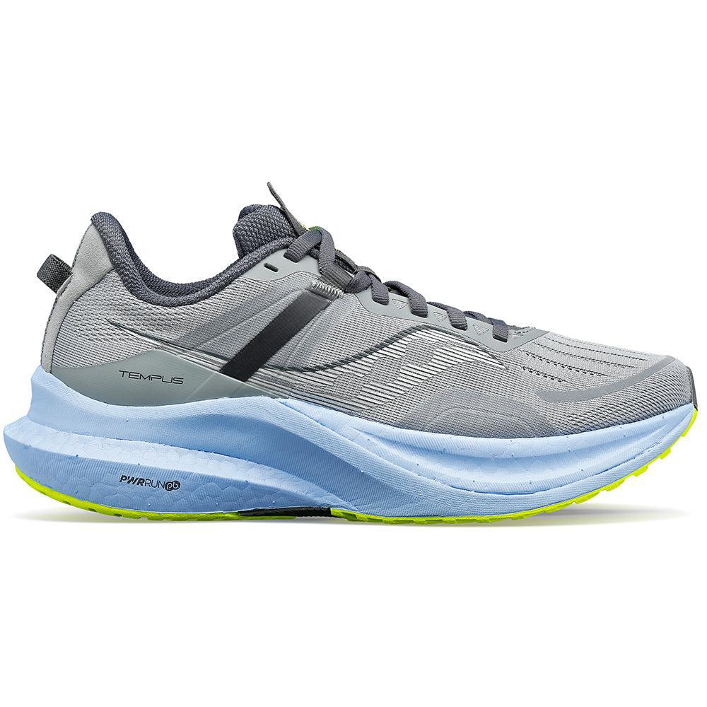 Saucony Tempus Womens running shoes in Fossil/Ether - side view on white background
