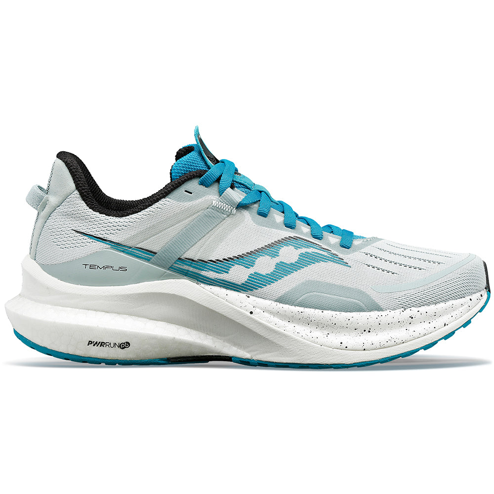 Side view on white background of Womens Saucony Tempus running shoe in Glacier/Ink, Medium (Regular) width
