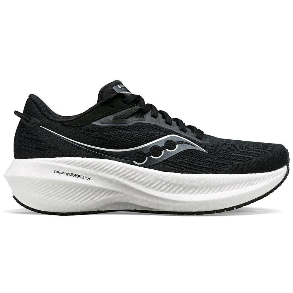 Side view on white background of Womens Saucony Triumph running shoe in Black/White, Medium (Regular) width
