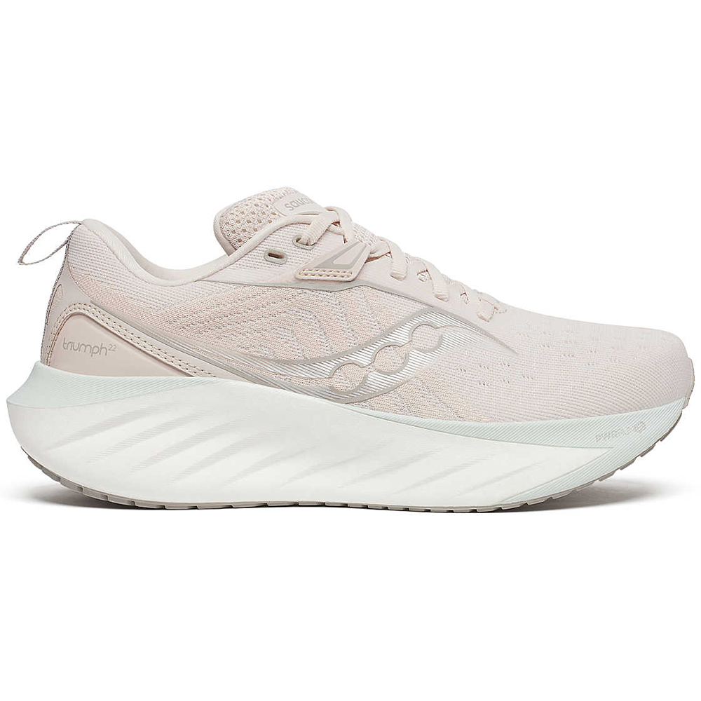 Side view on white background of Womens Saucony Triumph 22 running shoe in Moon, Medium (Regular) width