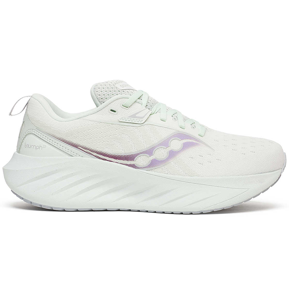 Side view on white background of Womens Saucony Triumph running shoe in White/Foam, Medium (Regular) width