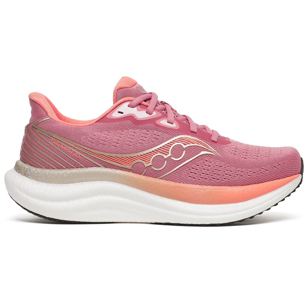 Side view on white background of Womens Saucony Triumph running shoe in Mauve/Black, Medium (Regular) width