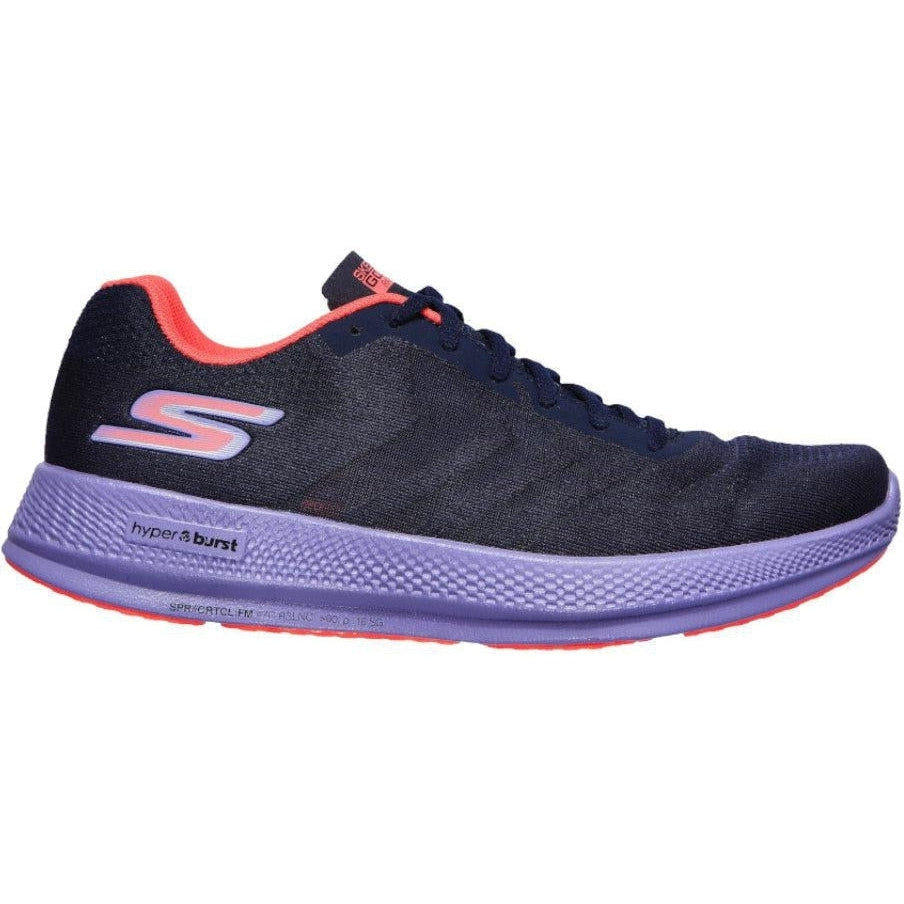 Side view on white background of Womens Skechers Go Run Razor running shoe in Navy/Purple, Medium (Regular) width