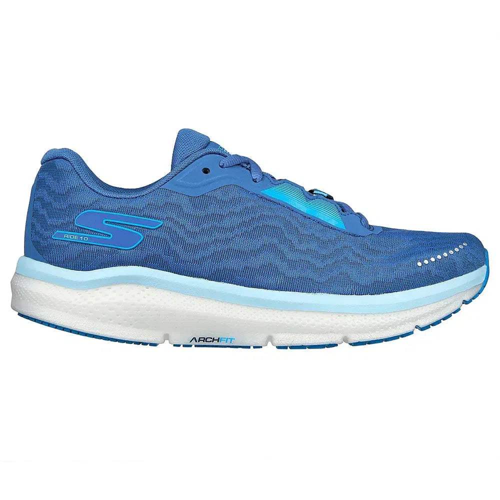 Side view on white background of Womens Skechers Go Run Ride running shoe in Blue, Medium (Regular) width
