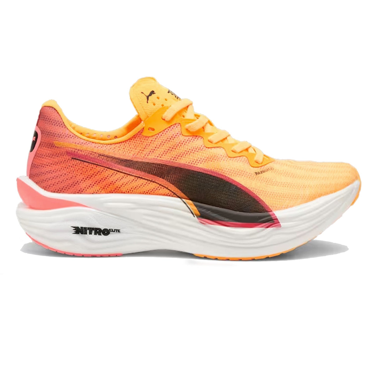 Side view of Puma Deviate Nitro Elite 3 running shoes in Sun Stream/Sunset Glow