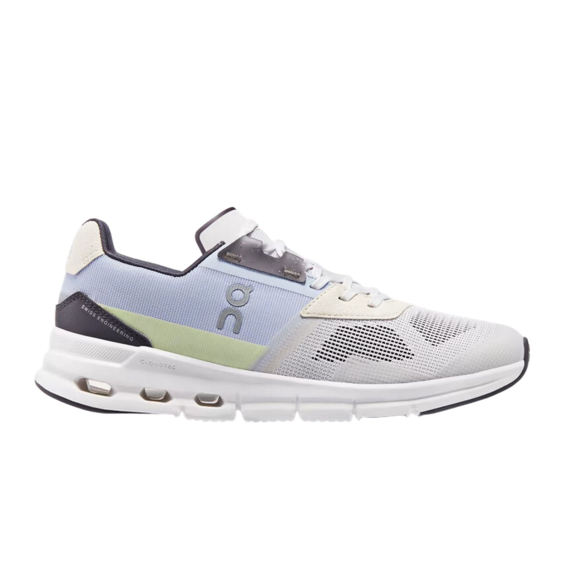 Side view on white background of Womens On Cloudrift running shoe in Frost/Heather, Medium (Regular) width