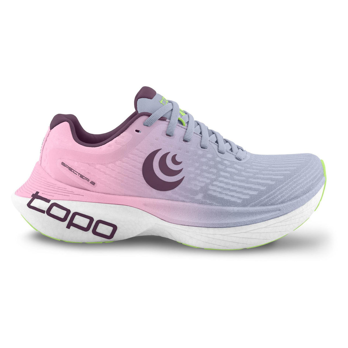 Side view on white background of Womens Topo Athletic Specter 2 running shoe in Purple/Rose, Medium (Regular) width