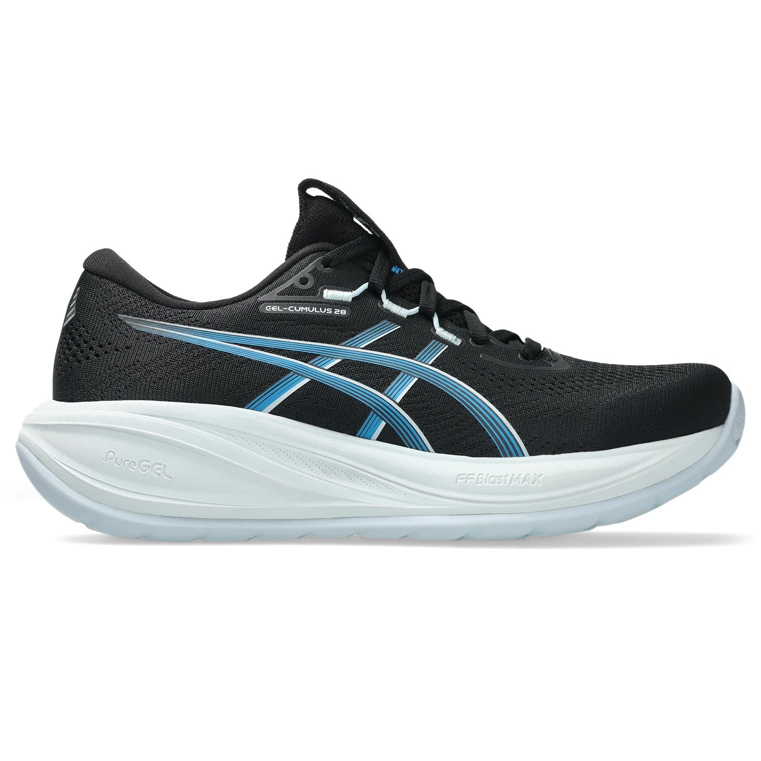 Side view on white background of Womens Asics Gel-Cumulus 28 running shoe in Black/Aegean Blue, Wide width
