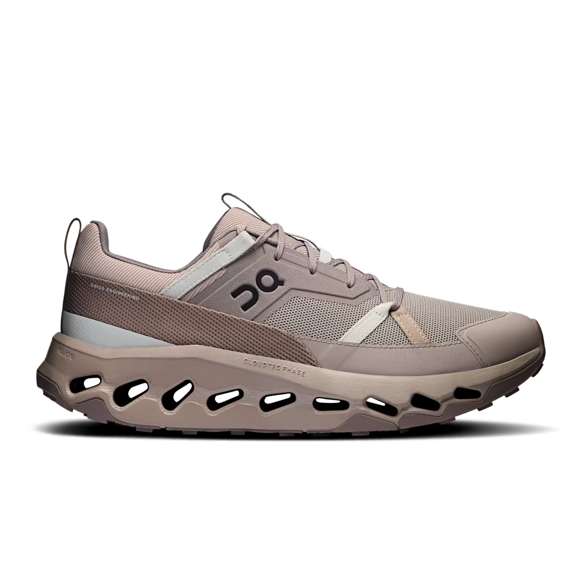 Side view on white background of Mens On Cloudhorizon running shoe in Fog/Desert, Medium (Regular) width